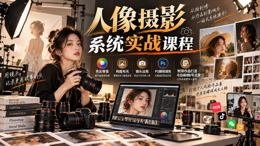 【无水印】人像摄影系统实战课程，色彩审美、构图布光、镜头运用、PS精修调色，附带作品打造与自媒体账号运营-宇文网创