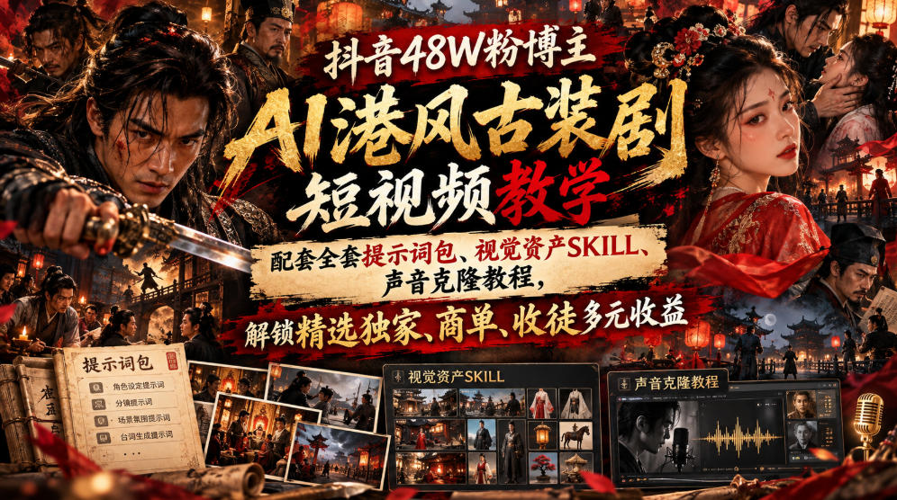 抖音48W粉博主AI港风古装剧短视频教学，配套全套提示词包、视觉资产SKILL、声音克隆教程，解锁精选独家、商单、收徒多元收益-宇文网创