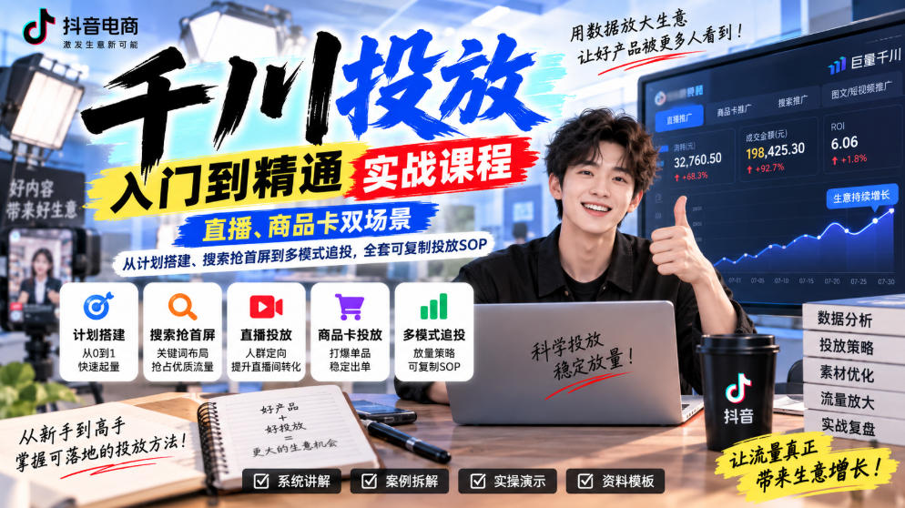 千川投放入门到精通实战课程,直播、商品卡双场景,从计划搭建、搜索抢首屏到多模式追投,全套可复制投放SOP-宇文网创