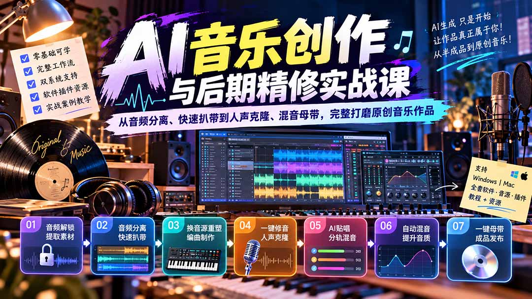 （20652期）AI音乐创作与后期精修实战课：从音频分离、快速扒带到人声克隆、混音母带，完整打磨原创音乐作品-宇文网创