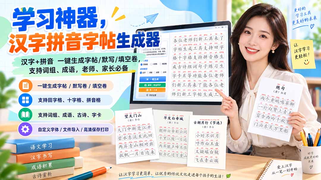 (20299期)学习神器,汉字拼音字帖生成器,汉字+拼音 一键生成字帖/默写/填空卷,支持词组、成语,老师、家长必备-宇文网创