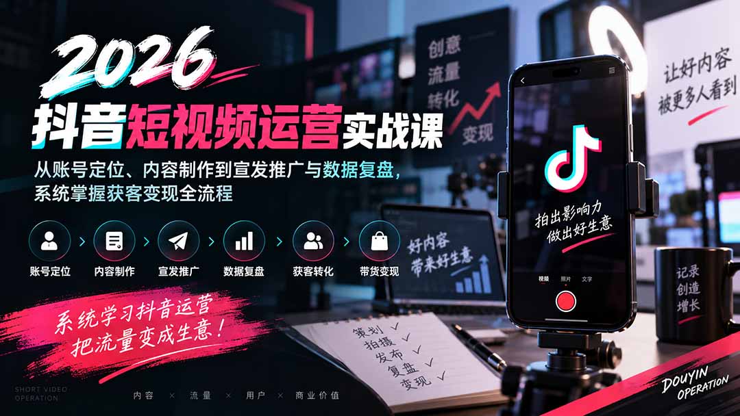 （20406期）2026抖音短视频运营实战课：从账号定位、内容制作到宣发推广与数据复盘，系统掌握获客变现全流程-宇文网创