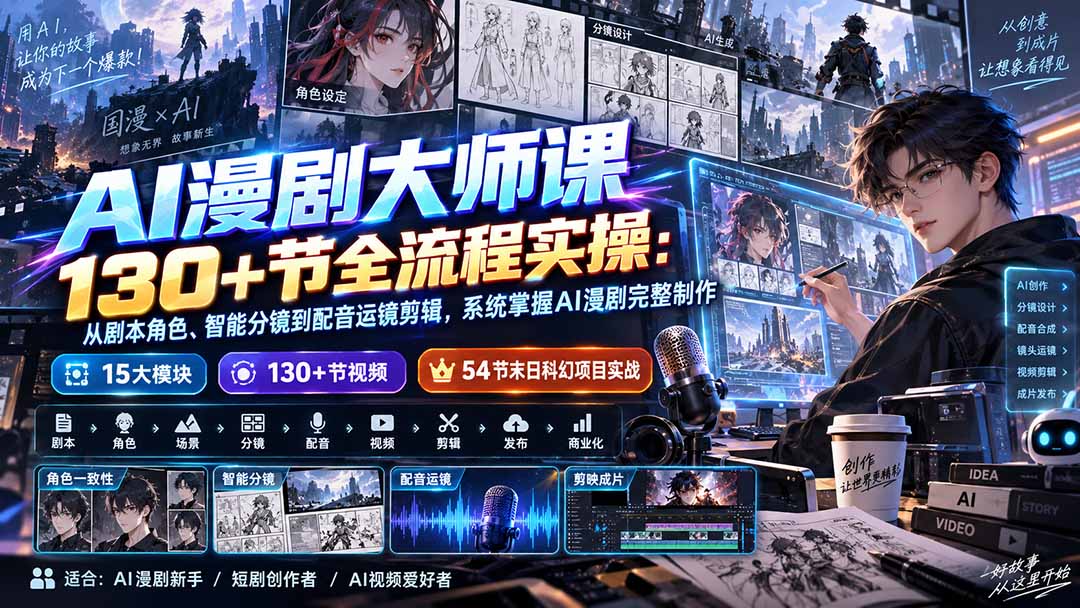 （20326期）AI漫剧大师课130+节全流程实操：从剧本角色、智能分镜到配音运镜剪辑，系统掌握AI漫剧完整制作-宇文网创