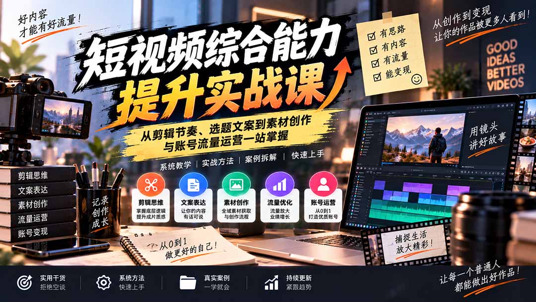 (20599期)短视频综合能力提升实战课:从剪辑节奏、选题文案到素材创作与账号流量运营一站掌握-宇文网创