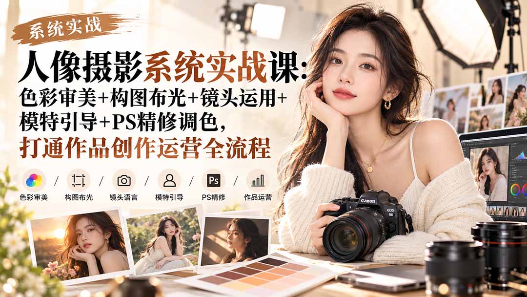 （20623期）【无水印】人像摄影系统实战课：色彩审美+构图布光+镜头运用+模特引导+PS精修调色，打通作品创作运营全流程-宇文网创