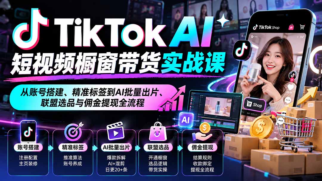 （20725期）TikTok AI短视频橱窗带货实战课：从账号搭建、精准标签到AI批量出片、联盟选品与佣金提现全流程-宇文网创