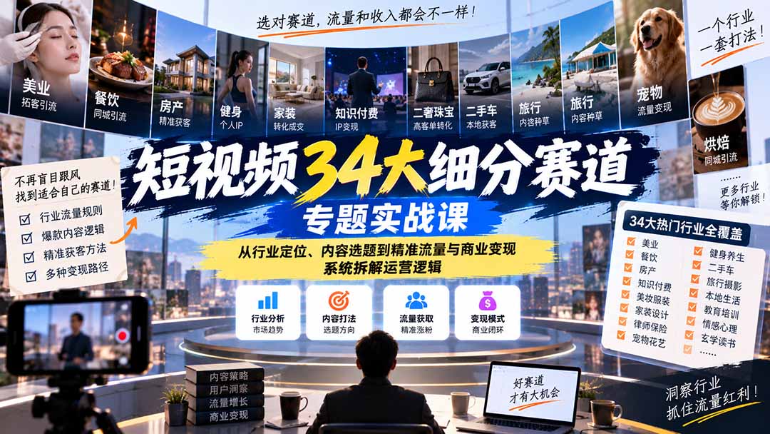 (20600期)短视频34大细分赛道专题实战课:从行业定位、内容选题到精准流量与商业变现,系统拆解运营逻辑-宇文网创