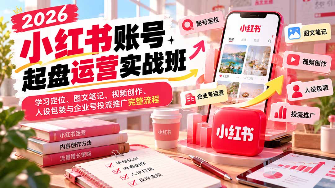 （20646期）2026小红书账号起盘运营实战班：学习定位、图文笔记、视频创作、人设包装与企业号投流推广完整流程-宇文网创