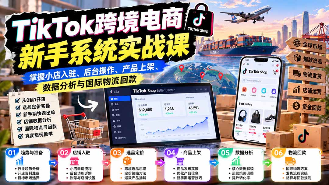 （20672期）TikTok跨境电商新手系统实战课：掌握小店入驻、后台操作、产品上架、数据分析与国际物流回款-宇文网创