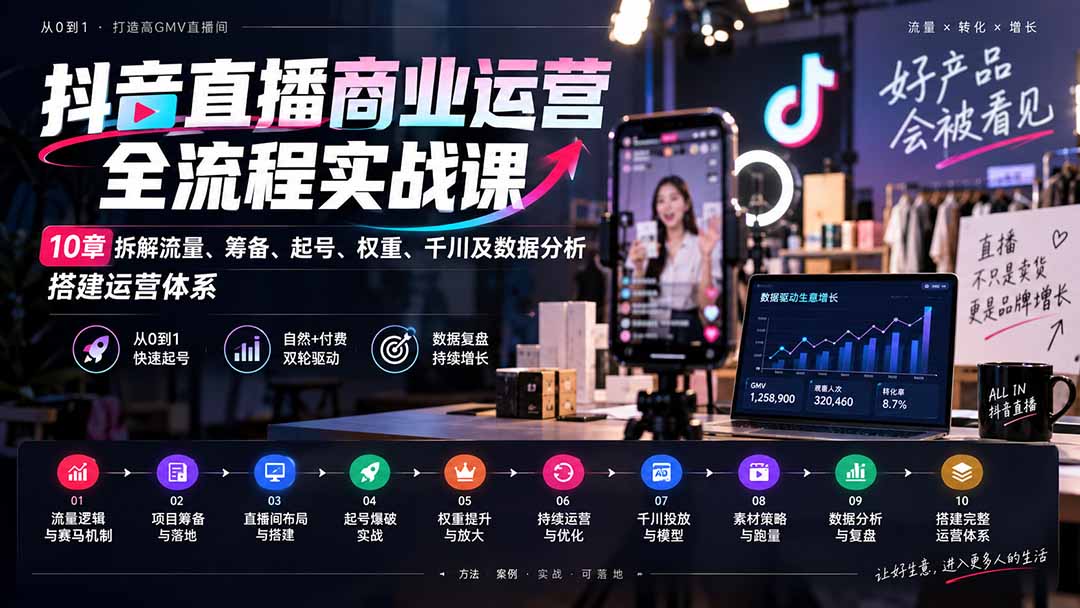 （20407期）抖音直播商业运营全流程实战课：10章拆解流量、筹备、起号、权重、千川及数据分析，搭建运营体系-宇文网创