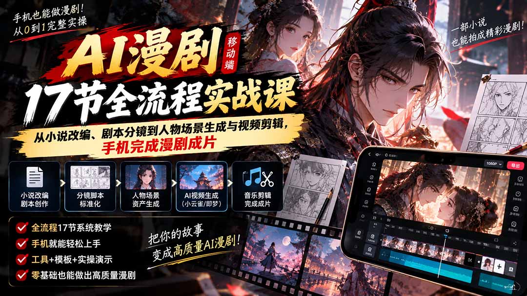 （20624期）AI漫剧移动端17节全流程实战课：从小说改编、剧本分镜到人物场景生成与视频剪辑，手机完成漫剧成片-宇文网创