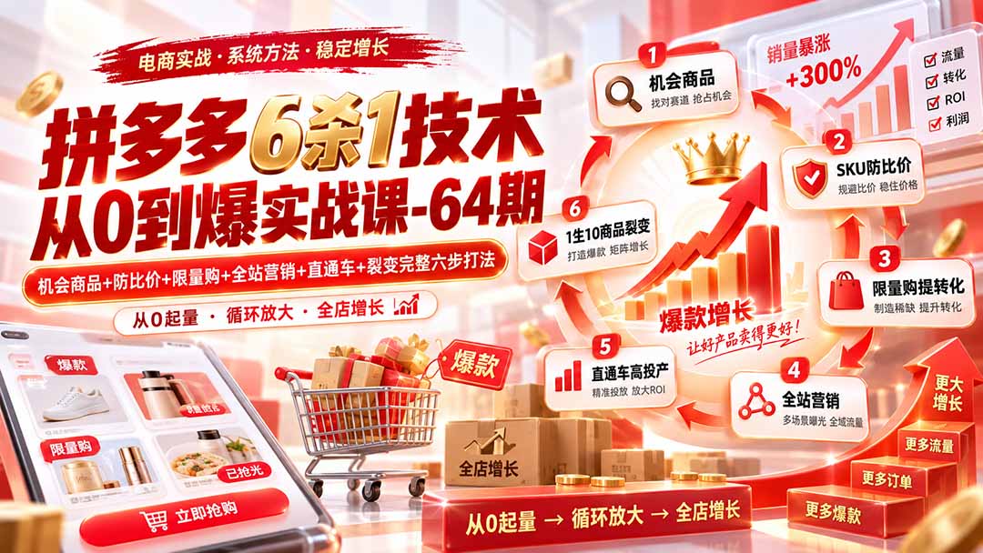 （20315期）拼多多6杀1技术从0到爆实战课-64期：机会商品+防比价+限量购+全站营销+直通车+裂变完整六步打法-宇文网创