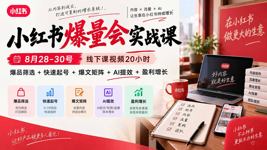 (20359期)小红书爆量会实战课:8月28-30号线下课视频20小时,爆品筛选+快速起号+爆文矩阵+AI提效+盈利增长-宇文网创