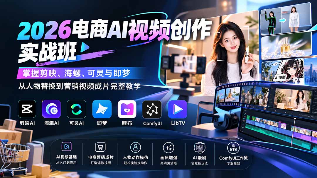 (20466期)2026电商AI视频创作实战班:掌握剪映、海螺、可灵与即梦,从人物替换到营销视频成片完整教学-宇文网创