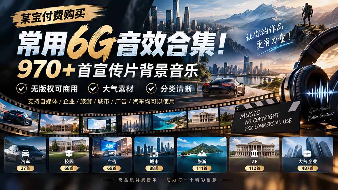 (20603期)某宝付费购买,常用6G音效合集!970+首宣传片背景音乐,无版权可商用大气素材,分类清晰-宇文网创