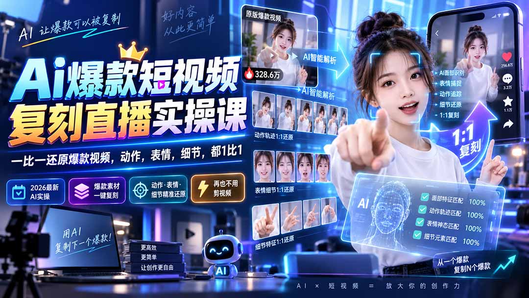 (20304期)最新Ai爆款短视频复刻直播实操课,一比一还原爆款视频,动作,表情,细节,都1比1-宇文网创