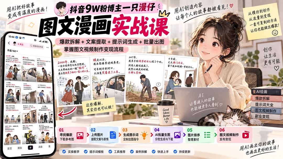 （20584期）抖音9W粉博主一只漫仔图文漫画课：爆款拆解+文案提取+提示词生成+批量出图，掌握图文视频制作变现流程-宇文网创