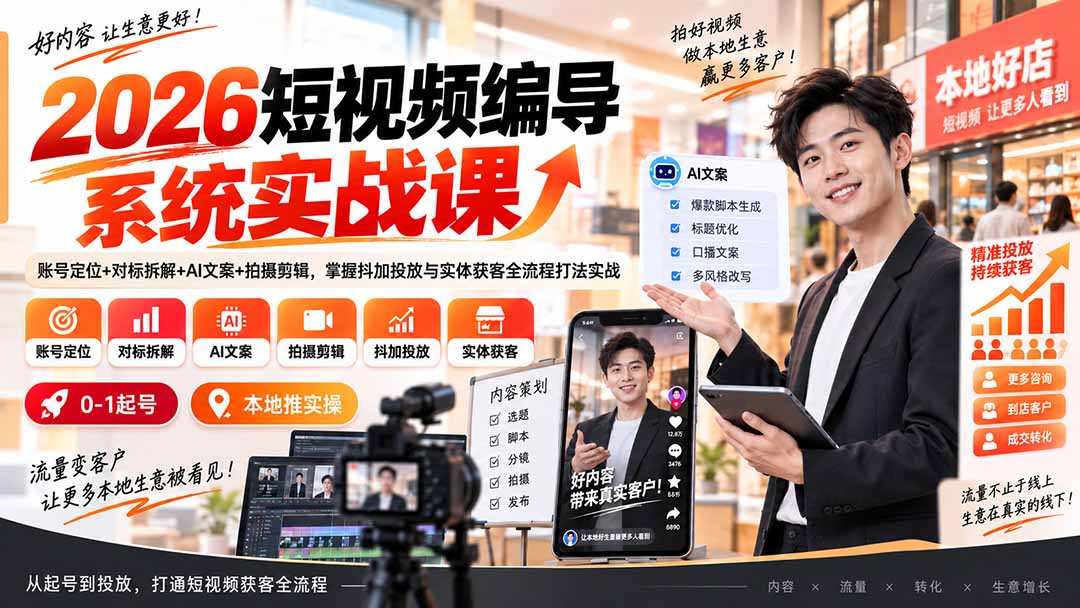 (20305期)2026短视频编导系统实战课:账号定位+对标拆解+AI文案+拍摄剪辑,掌握抖加投放与实体获客全流程打法实战-宇文网创