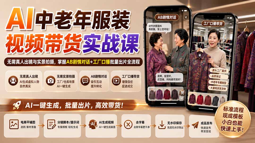 （20198期）AI中老年服装视频带货实战课：无需真人出镜与实景拍摄，掌握AB剧情对话+工厂口播批量出片全流程-宇文网创