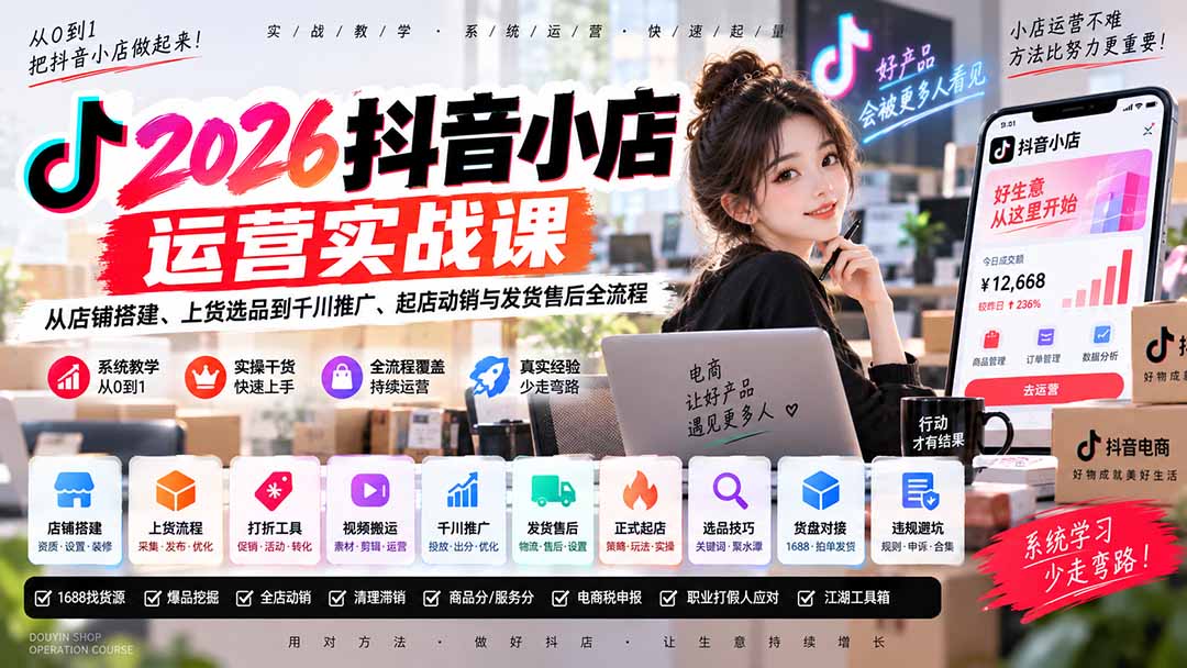 (20568期)2026抖音小店运营实战课|从店铺搭建、上货选品到千川推广、起店动销与发货售后全流程-宇文网创