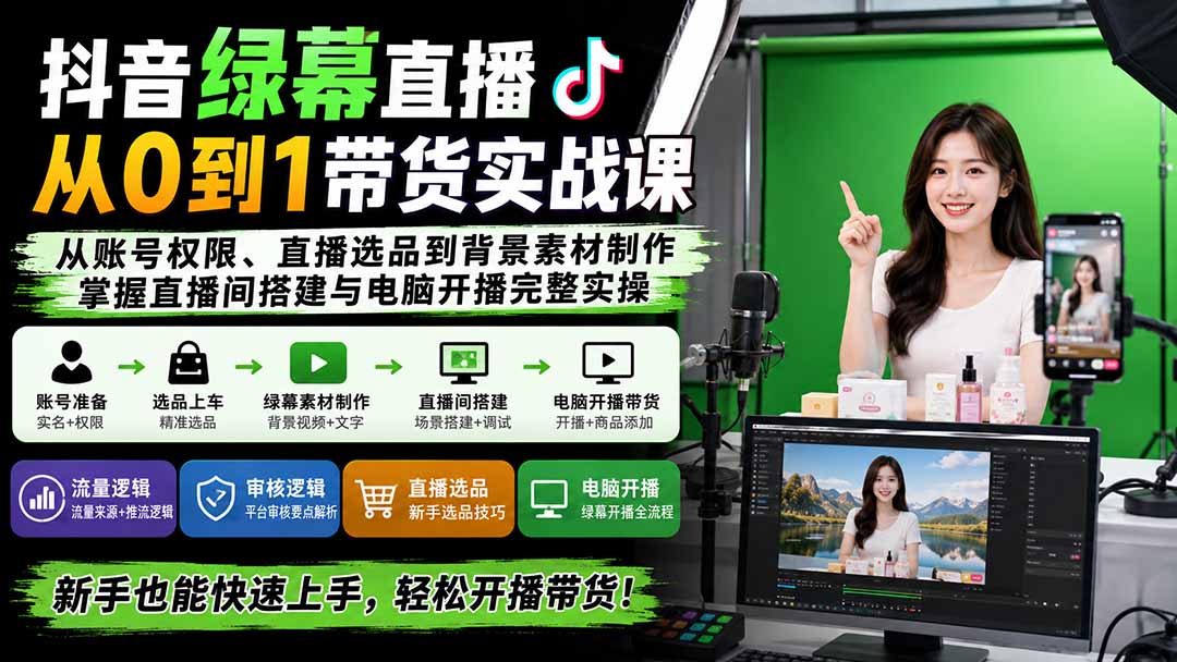 (20224期)抖音绿幕直播从0到1带货实战课:从账号权限、直播选品到背景素材制作,掌握直播间搭建与电脑开播完整实操-宇文网创