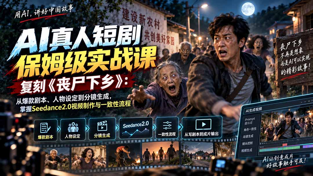 （20359期）AI真人短剧保姆级实战课，复刻《丧尸下乡》：从爆款剧本、人物设定到分镜生成，掌握Seedance2.0视频制作与一致性流程-宇文网创