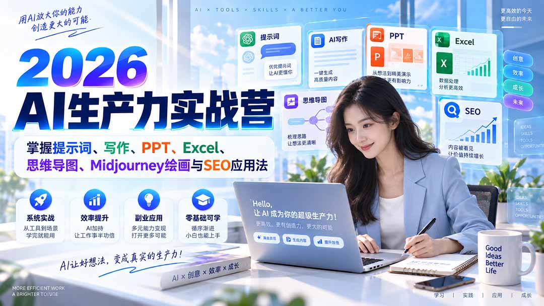 (20307期)2026AI生产力实战营:掌握提示词、写作、PPT、Excel、思维导图、Midjourney绘画与SEO应用法-宇文网创