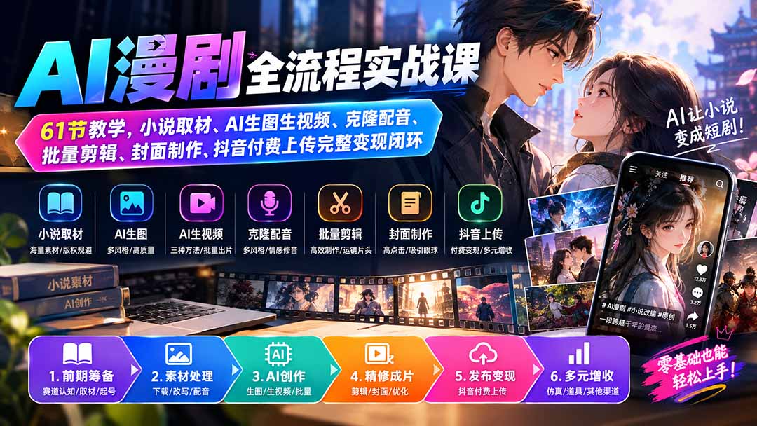 （20199期）AI漫剧全流程实战课｜61节教学，小说取材、AI生图生视频、克隆配音、批量剪辑、封面制作、抖音付费上传完整变现闭环-宇文网创