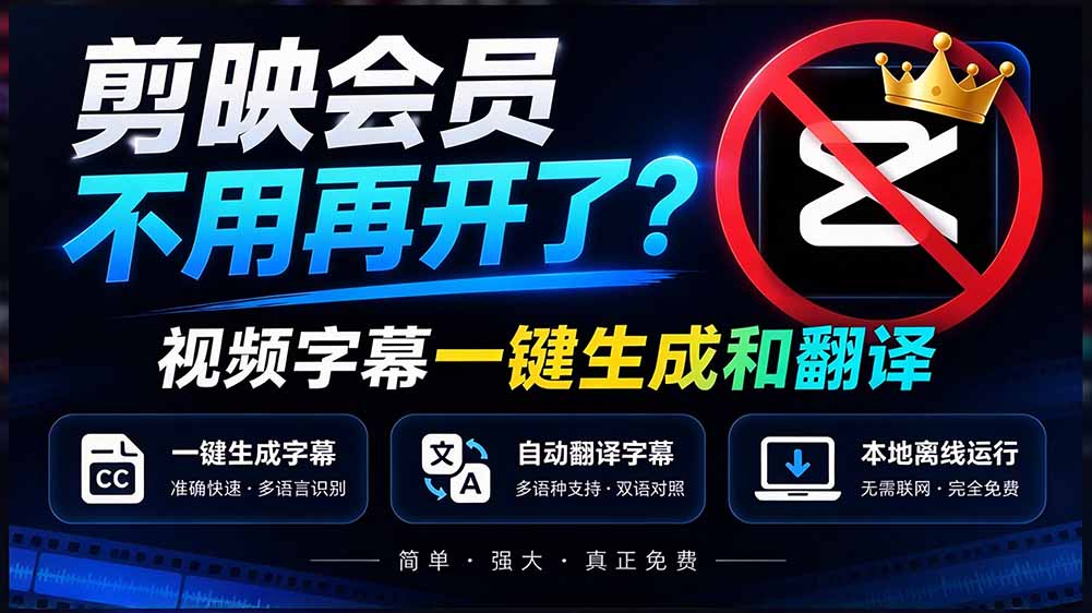 (20728期)剪映会员不用再开了?视频字幕一键生成加翻译,本地离线运行,完全免费,超快速高精度,字幕大师-宇文网创