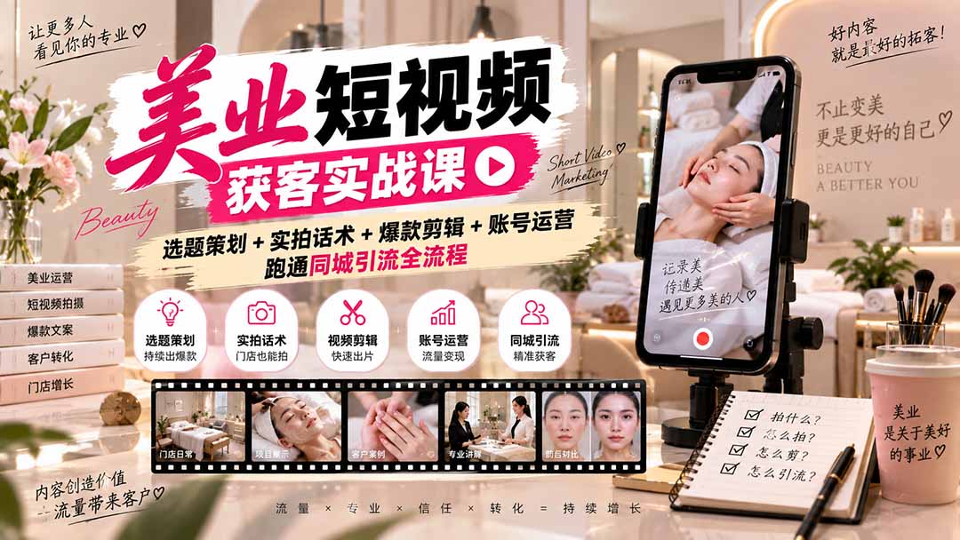 （20586期）美业短视频获客实战课-无水印：选题策划+实拍话术+爆款剪辑+账号运营，跑通同城引流全流程-宇文网创