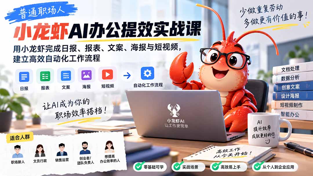 (20379期)普通职场人AI办公提效实战课:用小龙虾完成日报、报表、文案、海报与短视频,建立高效自动化工作流程-宇文网创