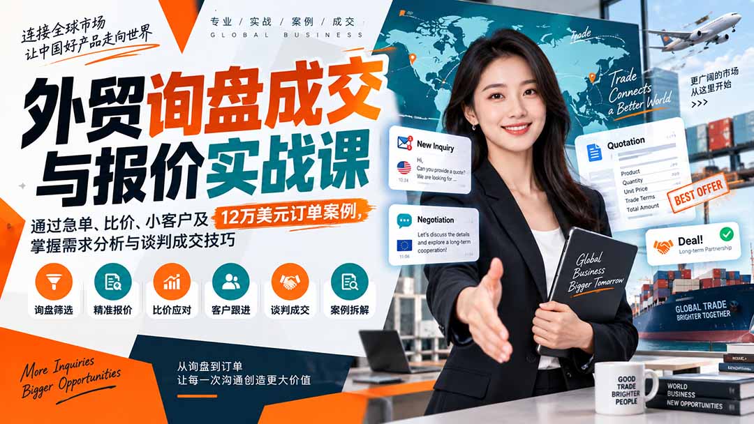 (20424期)外贸询盘成交与报价实战课:通过急单、比价、小客户及12万美元订单案例,掌握需求分析与谈判成交技巧-宇文网创