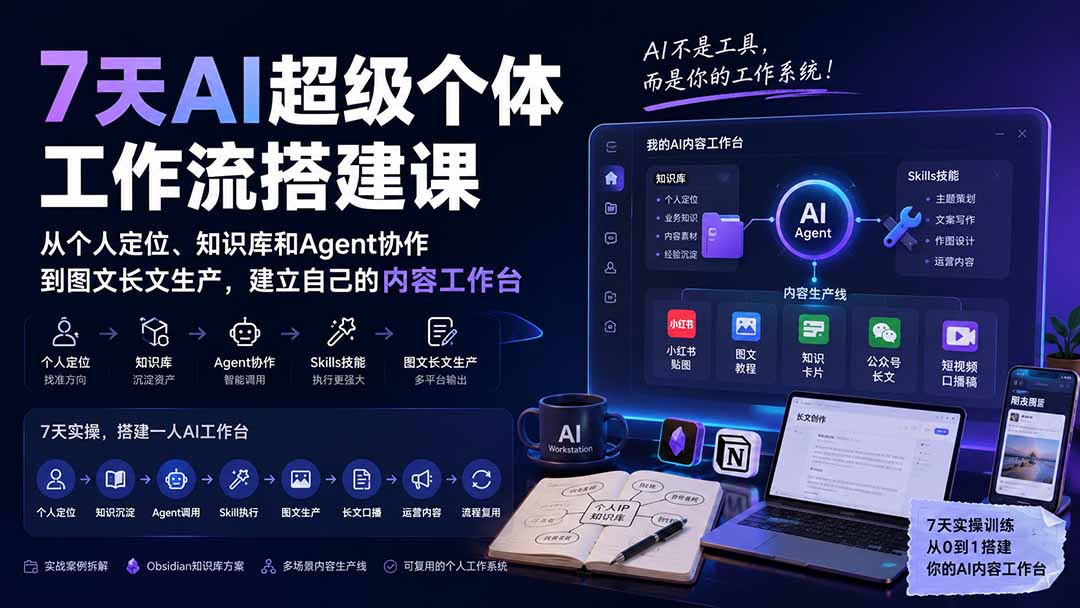 (20190期)7天AI超级个体工作流搭建课:从个人定位、知识库和Agent协作到图文长文生产,建立自己的内容工作台-宇文网创