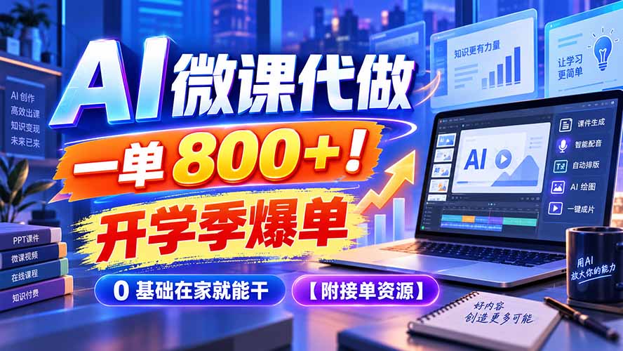 (20605期)AI 微课代做,一单 800+!开学季爆单,0 基础在家就能干【附接单资源】-宇文网创
