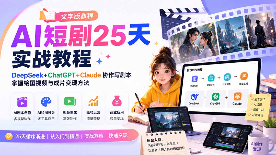 (20225期)AI短剧25天实战教程(文字版教程):DeepSeek+ChatGPT+Claude协作写剧本,掌握绘图视频与成片变现方法-宇文网创