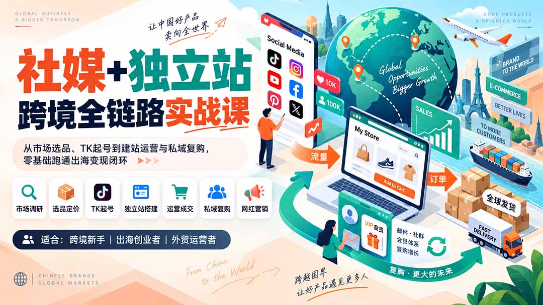 (20361期)社媒+独立站跨境全链路实战课:从市场选品、TK起号到建站运营与私域复购,零基础跑通出海变现闭环-宇文网创