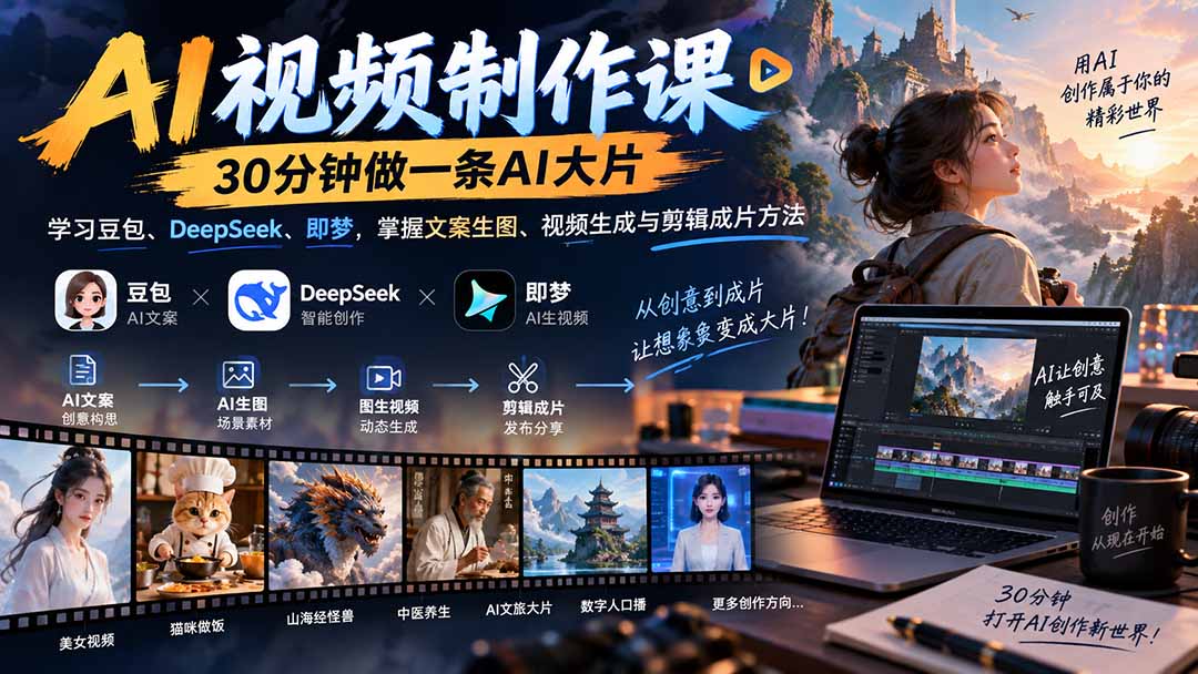 (20380期)AI视频制作课-30分钟做一条AI大片:学习豆包、DeepSeek、即梦,掌握文案生图、视频生成与剪辑成片方法-宇文网创