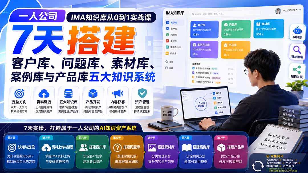 (20191期)一人公司IMA知识库从0到1实战课:7天搭建客户库、问题库、素材库、案例库与产品库五大知识系统-宇文网创