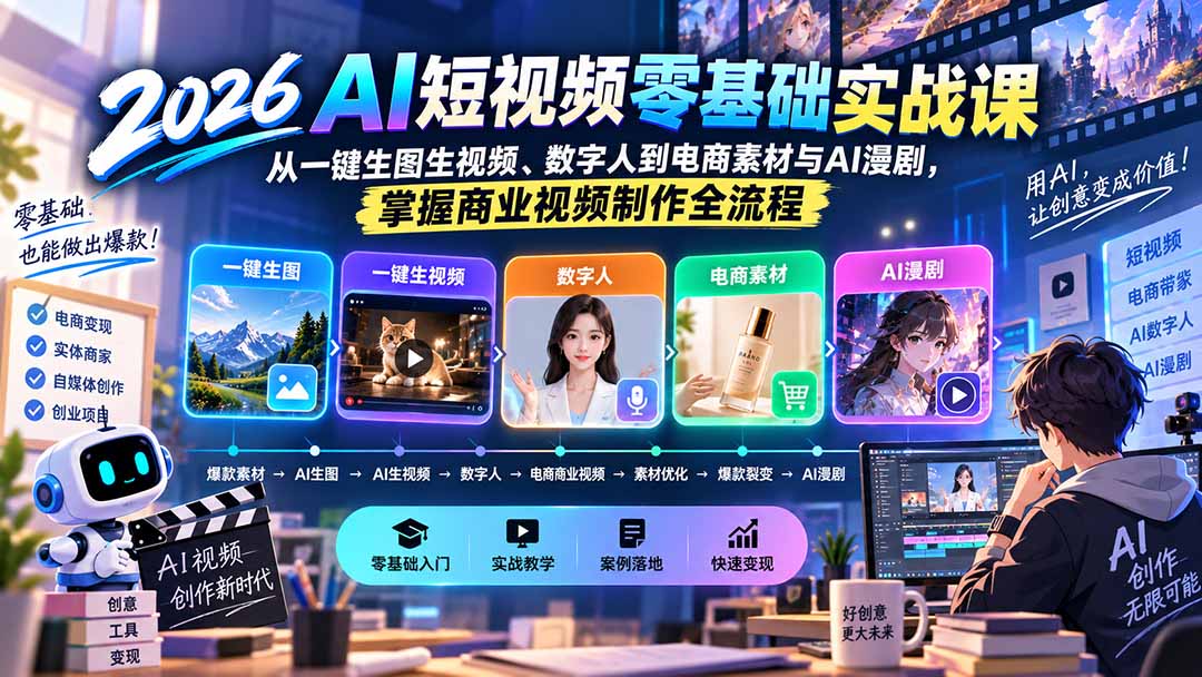 (20263期)2026AI短视频零基础实战课:从一键生图生视频、数字人到电商素材与AI漫剧,掌握商业视频制作全流程-宇文网创