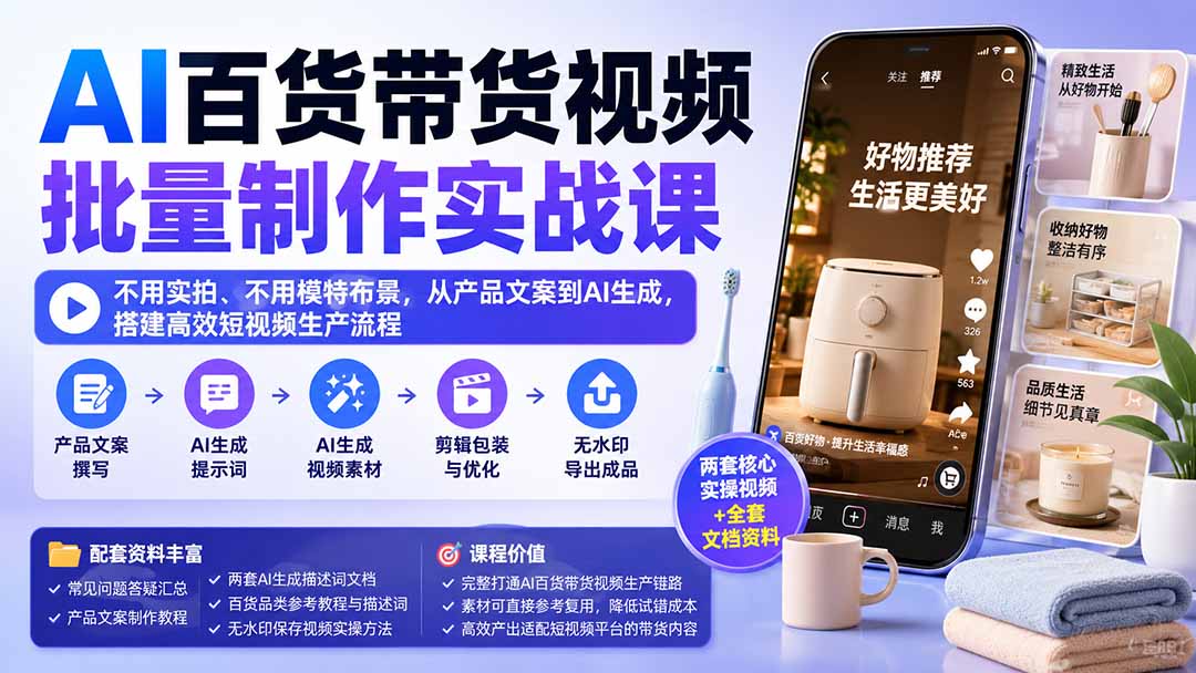 (20179期)AI百货带货视频批量制作实战课:不用实拍、不用模特布景,从产品文案到AI生成,搭建高效短视频生产流程-宇文网创