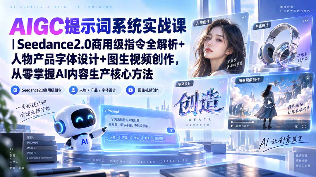 （20559期）AIGC提示词系统实战课-无水印｜Seedance2.0商用级指令全解析+人物产品字体设计+图生视频创作，掌握AI内容生产方法-宇文网创