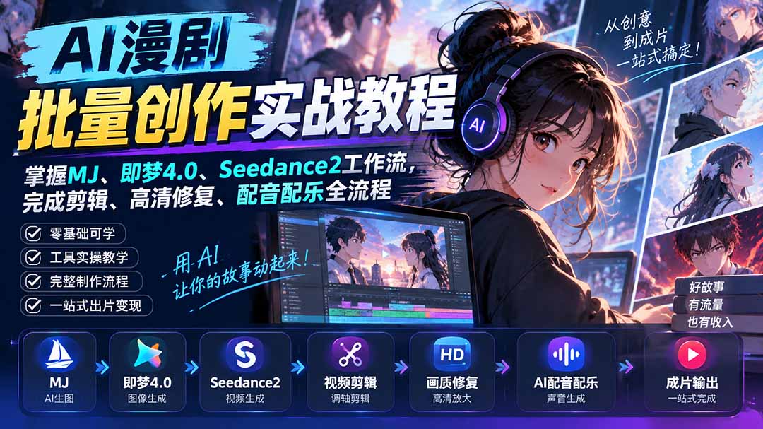 （20488期）AI漫剧批量创作实战教程：掌握MJ、即梦4.0、Seedance2工作流，完成剪辑、高清修复、配音配乐全流程-宇文网创