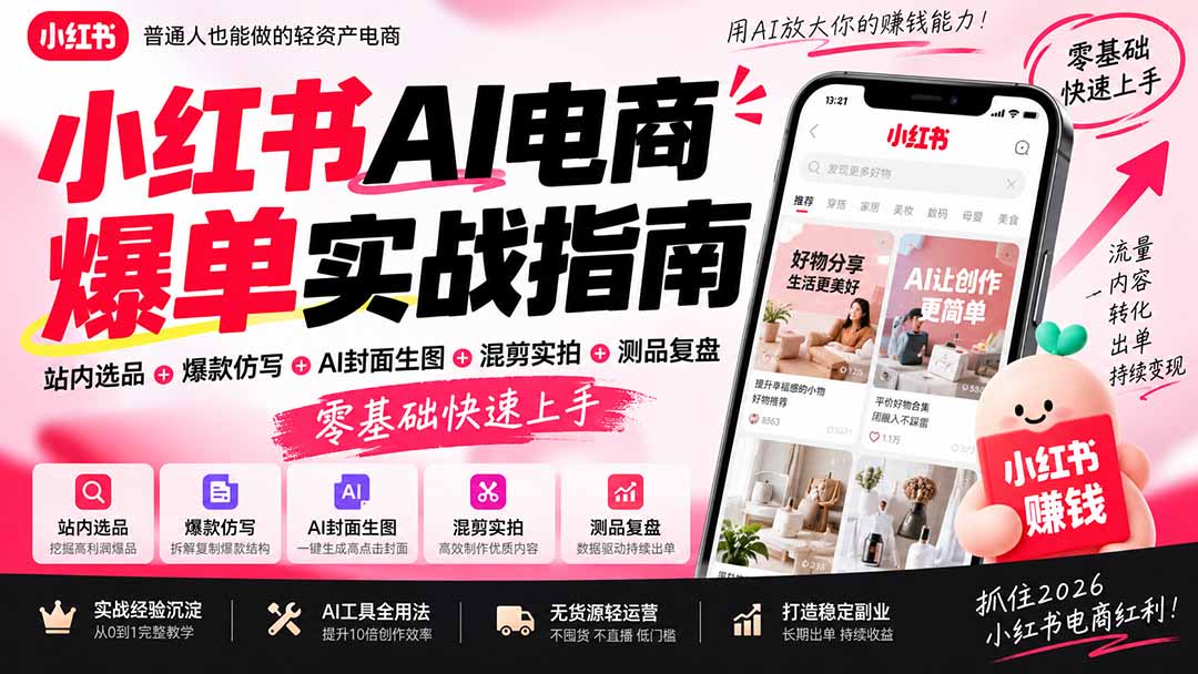 （20516期）2026小红书AI电商爆单实战指南：站内选品+爆款仿写+AI封面生图+混剪实拍+测品复盘，零基础快速上手-宇文网创