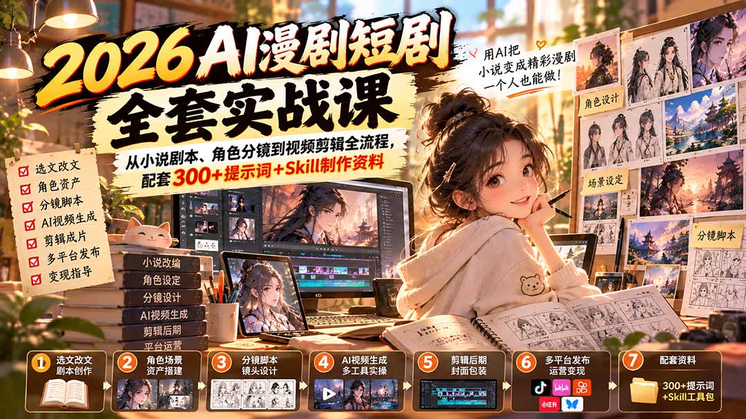 (20629期)2026AI漫剧短剧全套实战课:从小说剧本、角色分镜到视频剪辑全流程,配套300+提示词+Skill制作资料-宇文网创