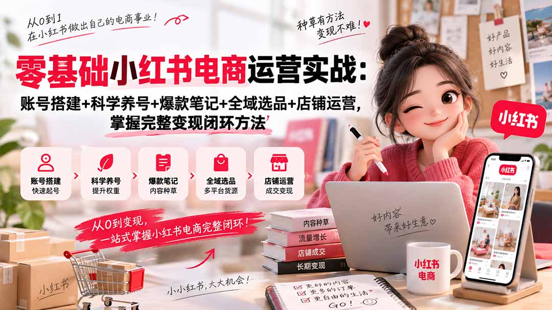 (20467期)零基础小红书电商运营实战:账号搭建+科学养号+爆款笔记+全域选品+店铺运营,掌握完整变现闭环方法-宇文网创