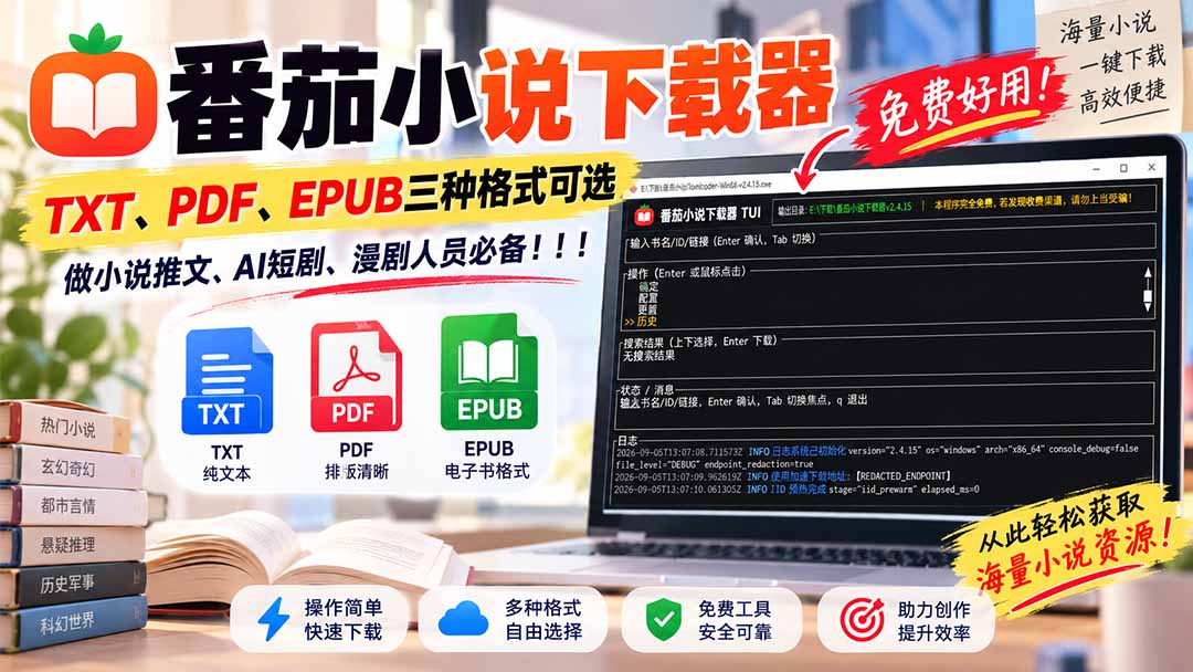 （20529期）番茄小说下载器，TXT、PDF、EPUB三种格式可选，做小说推文、AI短剧、漫剧人员必备！-宇文网创