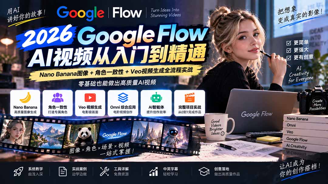 （20608期）【无水印】Google Flow AI视频从入门到精通：Nano Banana图像+角色一致性+Veo视频生成全流程实战-精翻中英字幕-宇文网创