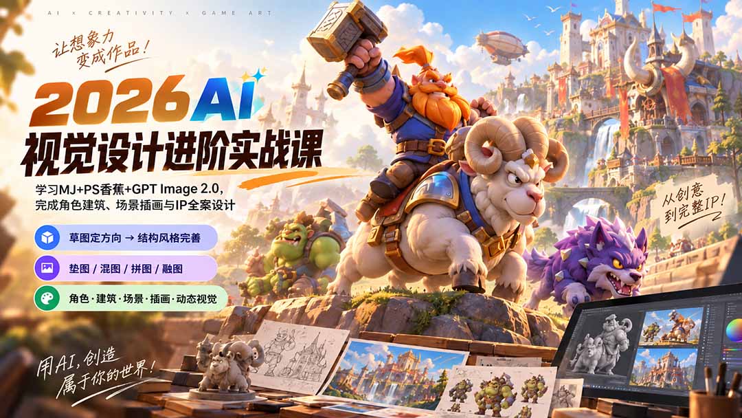 （20425期）2026AI视觉设计进阶实战课-更新：学习MJ+PS香蕉+GPT Image 2.0，完成角色建筑、场景插画与IP全案设计-宇文网创
