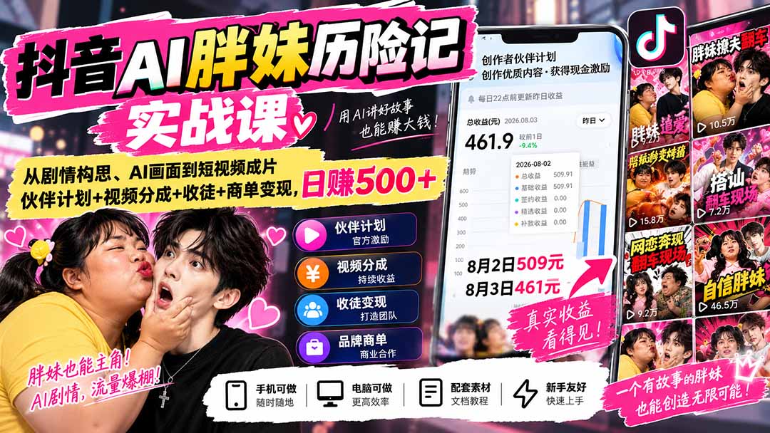 （20489期）抖音AI胖妹历险记实战课：从剧情构思、AI画面到短视频成片，伙伴计划+视频分成+收徒+商单变现，日赚500+-宇文网创