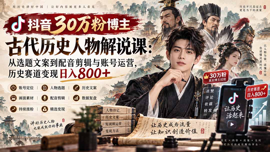 (20441期)抖音30万粉博主古代历史人物解说课:从选题文案到配音剪辑与账号运营,历史赛道变现日入800+-宇文网创